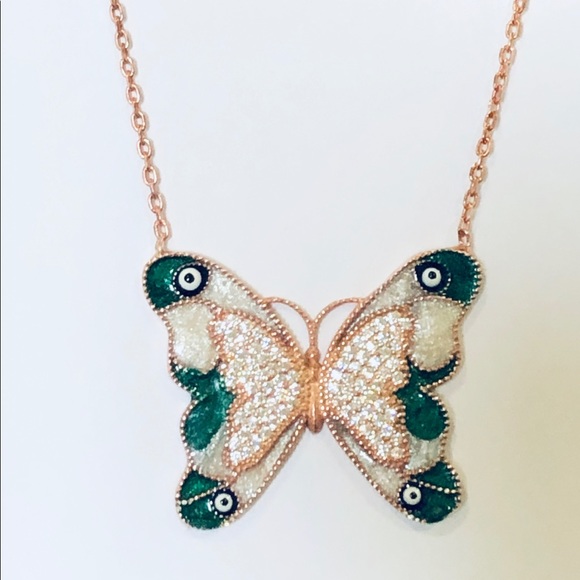 Jewelry - Green butterfly evil eye eyes 925 silver necklace
